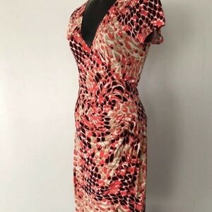 Vintage CACHÉ Dress Womens Orange Print Sheath V-Neck Faux Wrap Stretch Large